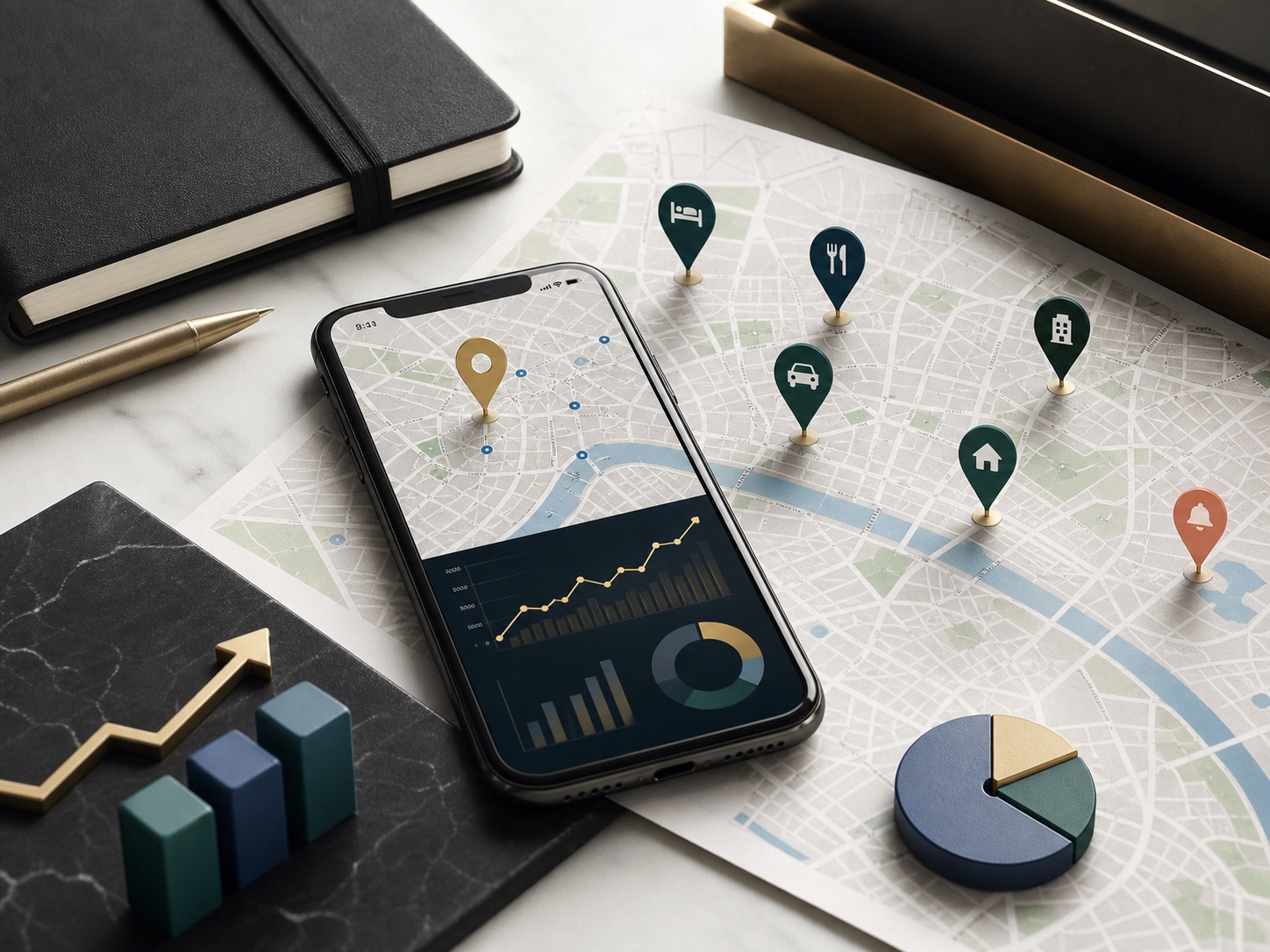 Lokale SEO groei met kaart, zoekresultaten en gekleurde datapunten