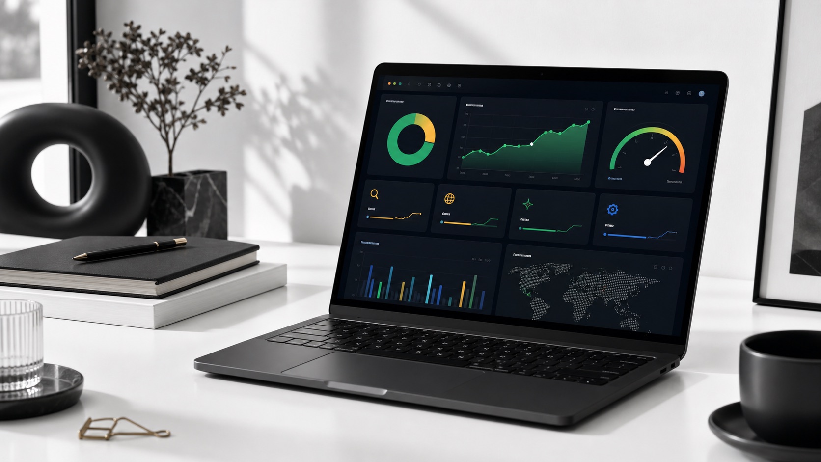 Professioneel SEO audit dashboard met gekleurde prestatiegrafieken op een luxe werkplek